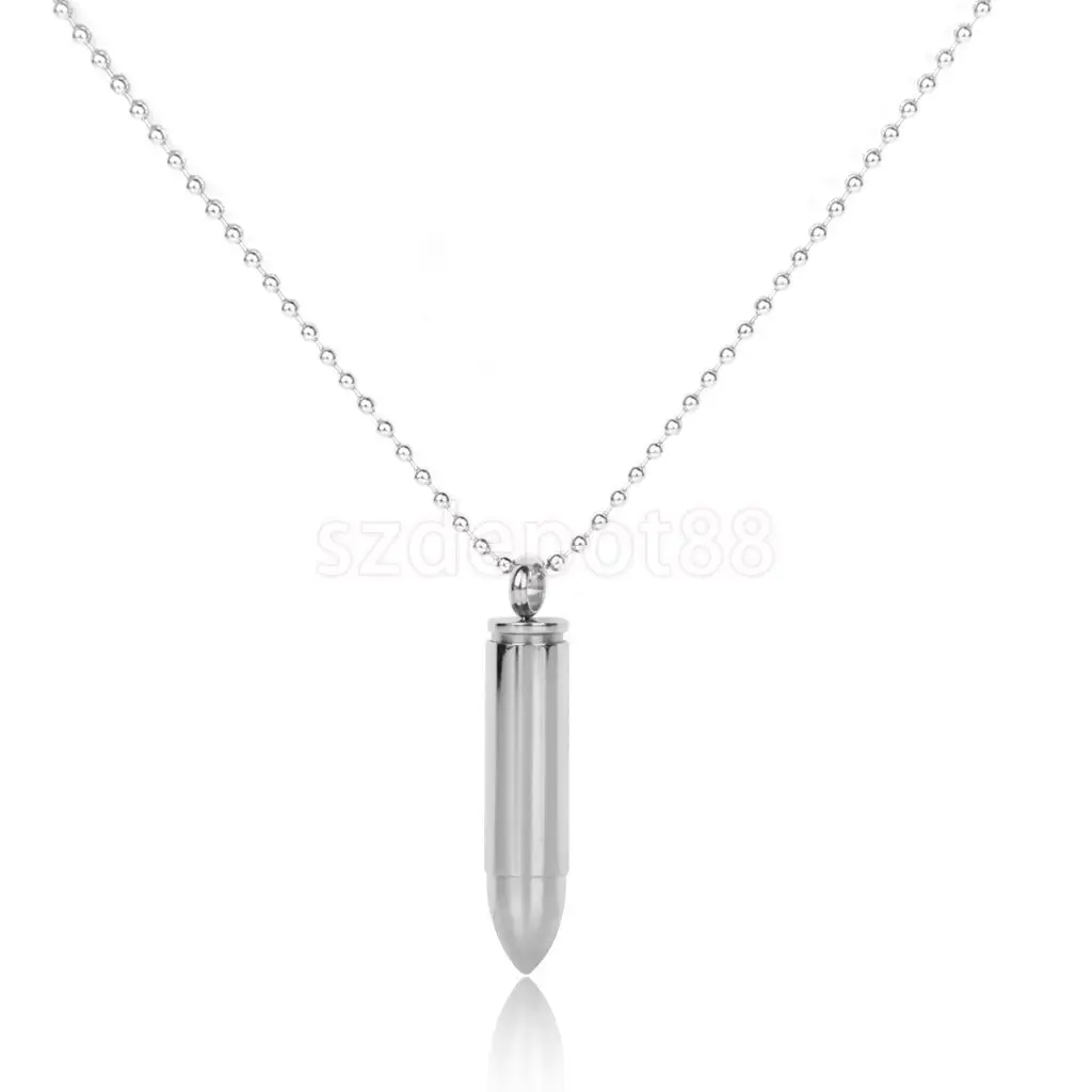 

Silver Stainless Steel Bullet Pendant Necklace Pill Case Holder Cremation Urn Case- Small