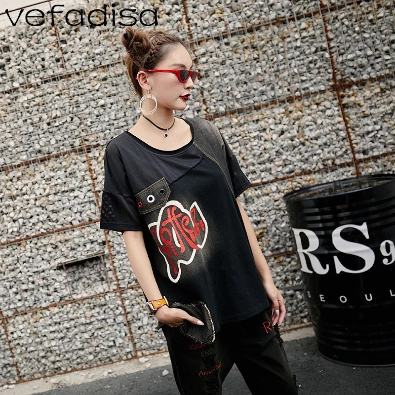 Vefadisa Summer Women Split Cowboy Black Pullover T-shirt Drop Shoulder Letter Printing Personality Short Sleeve QFM124 | Женская одежда