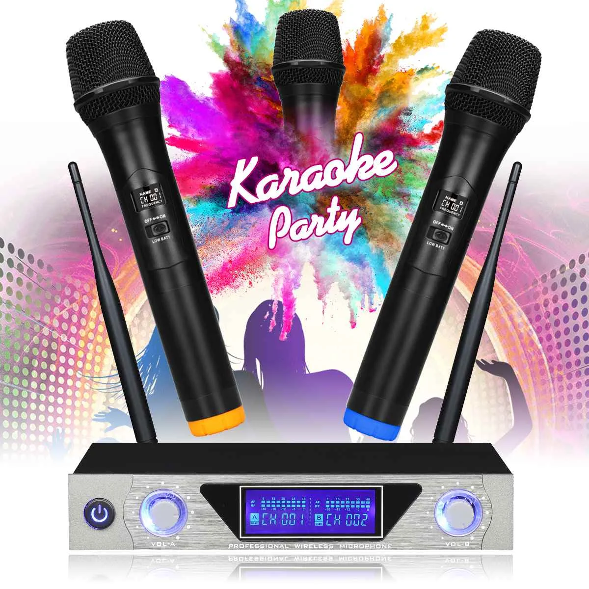 

UHF Long Range Dual Channel 2 Handheld Mic Transmitter Professional Karaoke UHF Wireless Microphone System