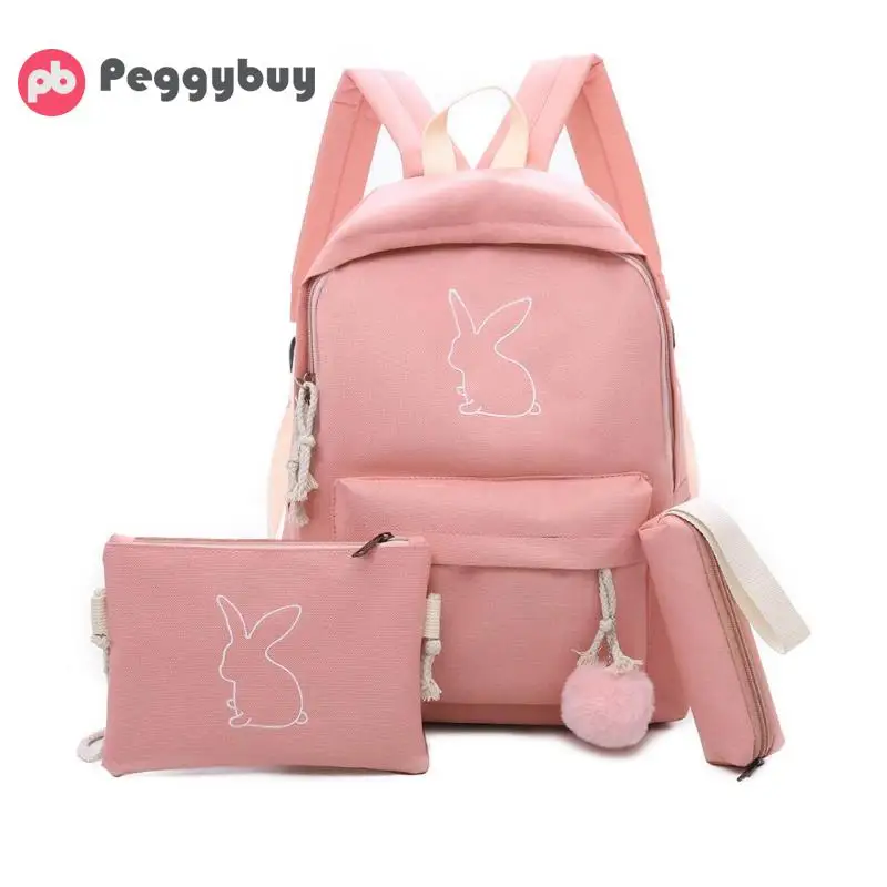 

3pcs/set Cute Canvas Girls Backpack Printed Solid Color Travel Schoolbag for Teenages Student Leisure Pencil Case Mochila Mujer