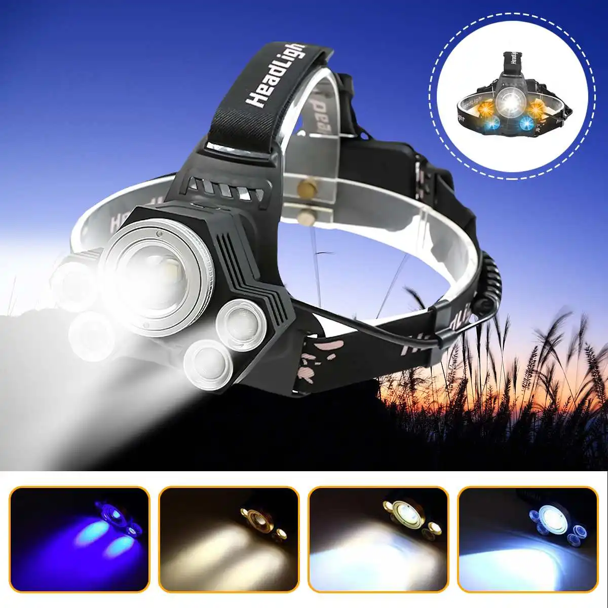 

5 Modes 5 LED Headlamp Mechanical Zoom Camping T6 Headlight Waterproof Fishing Torch 18650 Battery Flashlight Usb Rechargable