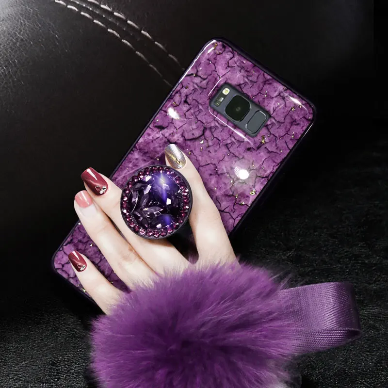 

Luxury Kickstand For Samsung S10 Lite S10 Plus NOTE 9 S8 S9 S7 Shockproof Silicone Plush Ball Marble Pattern PC Back Case Cover