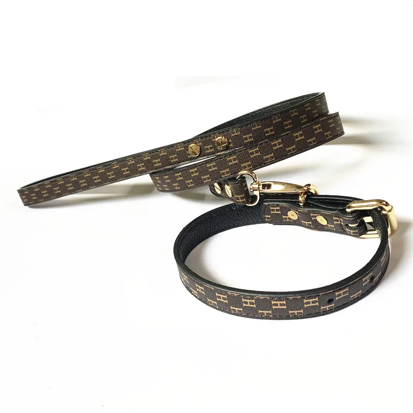 

Luxury Designer Pet Collar Leash Set Dog Cat Traction Belt Leashes Chihuahua Puppy Walking Leads Brown Cowhide Real Leather