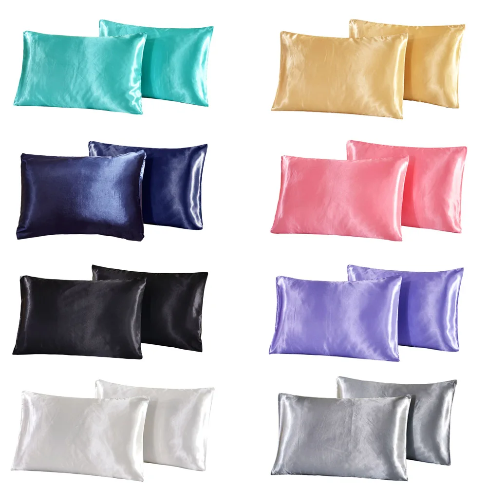 

Pure silk satin pillowcase polyester pillow case covers home decorative luxury US Full Queen King size white blue grey 8 colors