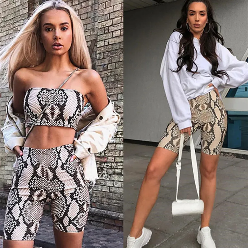 Женский блестящий топ без бретелей шорты Bodycon змея две детали с принтом женская