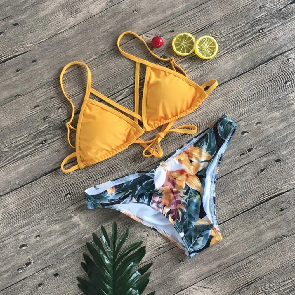 

Sexy Printed Bikinis Broken Flowers Women Swim Set Beachwear Swimsuit Padded Push Up Bikinis Split Bikini