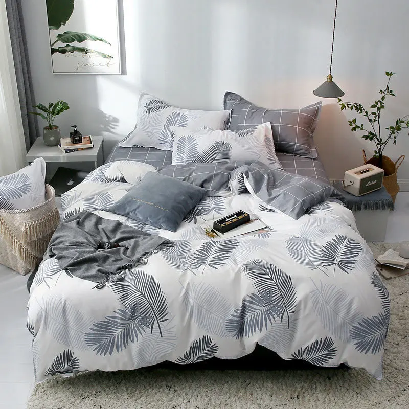

Tropical Leaf Plaids Geometric 4pcs Bed Cover Set Cartoon Duvet Cover Bed Sheets And Pillowcases Comforter Bedding Set 61001