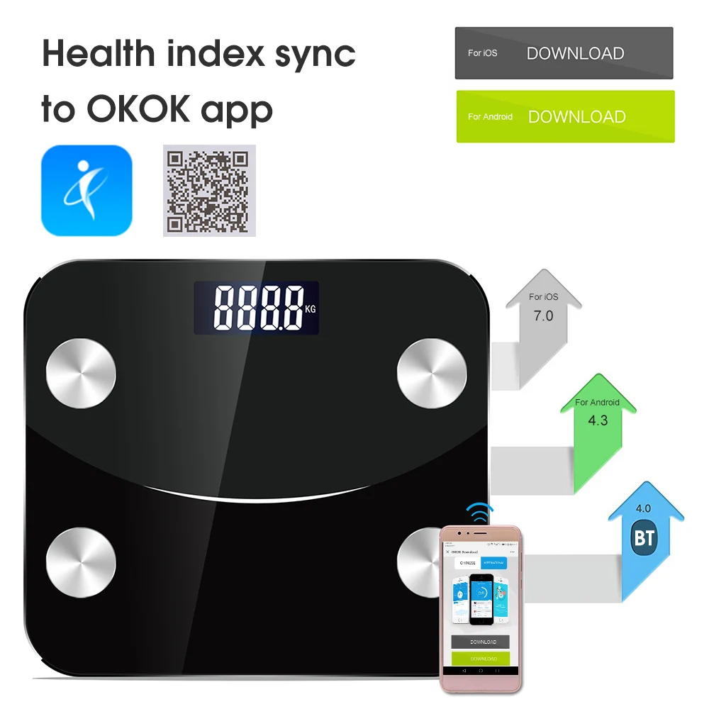 

Smart BT Connection Weight Lose Fat Scale Monitor Analyzer Body Fat Weigh Composition Scale For IOS Android Phones App Control