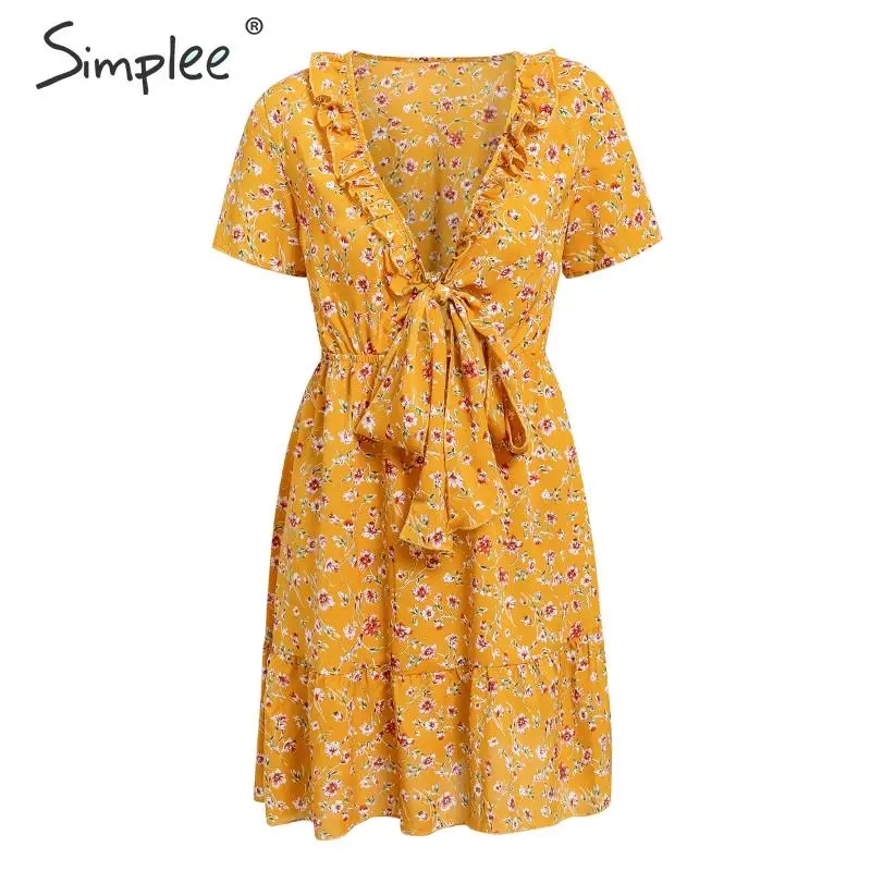 

Simplee Bohemian floral print women short dress Sexy deep v-neck beach style summer sundress Elegant lace up ruffled dress 2019