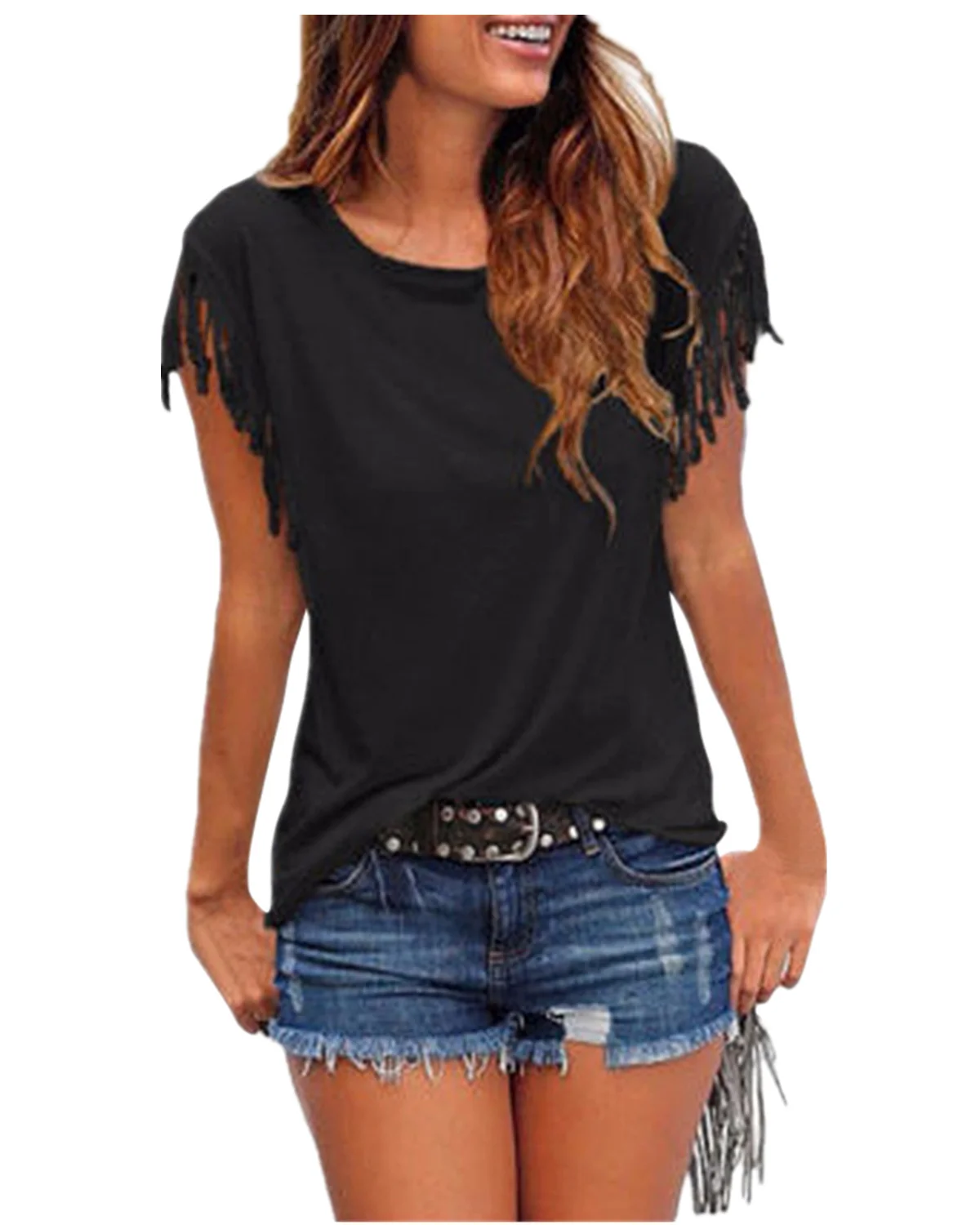 

Summer Women T-shirt Plus Size Tee Basic Shirts Women Solid Round Neck Short Sleeve Tassel Casual Loose Female Pullover Top Tees