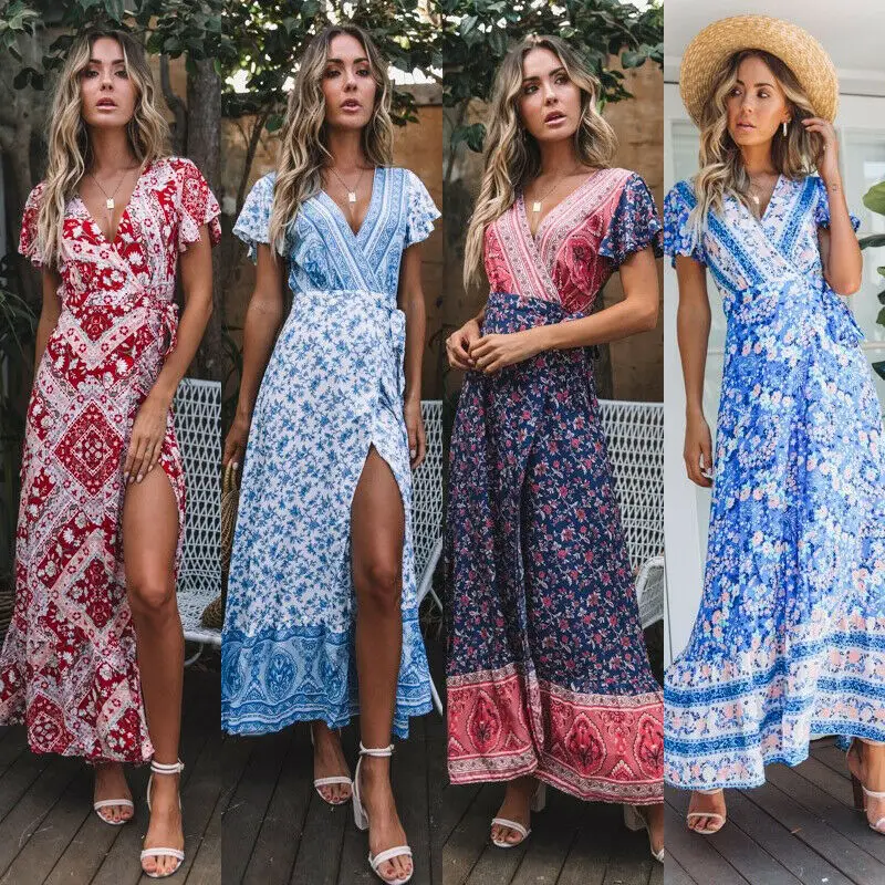 

New Fashion Women Boho Floral Short Sleeve High Waist Midi Dress Summer V-Neck Beach Holiday Sundress