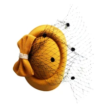 HTHL-Женская шляпка-Вуалетка шляпа-таблетка Коктейльные Вечерние шляпы с Вуаль в горошек бант заколка для волос желтый