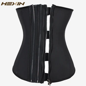 

HEXIN Triple Zipper And Clip Latex Waist Trainer Black Zip and Clip Waist Trainer Corset Steel Boned Body Shaper Plus Size 6XL
