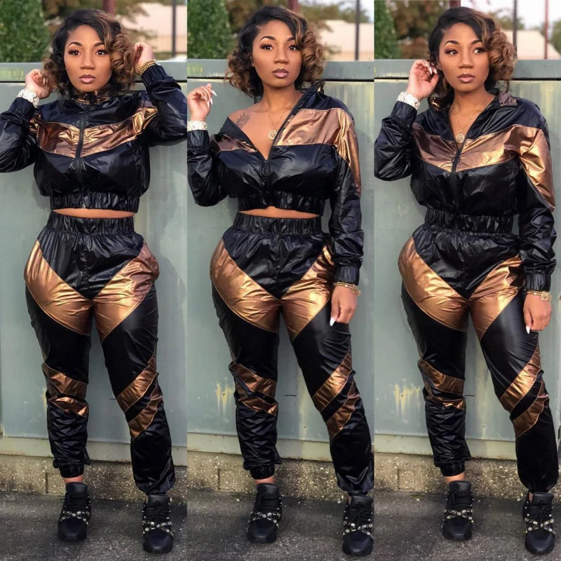 

Women Long Sleeve TWO PIECE SET Glitter Crop Top Jogger Pants Sparkly Tracksuit CONTRAST Color Block Tweed Suit Plus Size Jacket
