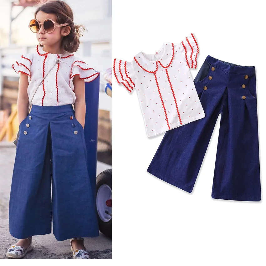 

MOLIXINYU 2/Piece 2019 Girl Set Summer New Denim Suit Wide Leg Pants Cute Flying Sleeve Shirt Summer Girl Two-Piece Suit