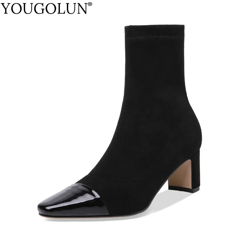 

Stretch Fabric Ankle Boots Women Autumn Genuine Leather Lady Heels Shoes C145 Fashion Woman Black Caramel Square Toe Ankle Boots