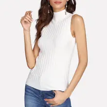 Модные женские одноцветные облегающие вязанные топы без рукавов в рубчик, сексуальные пуловеры с высоким воротом, одежда, повседневные топы