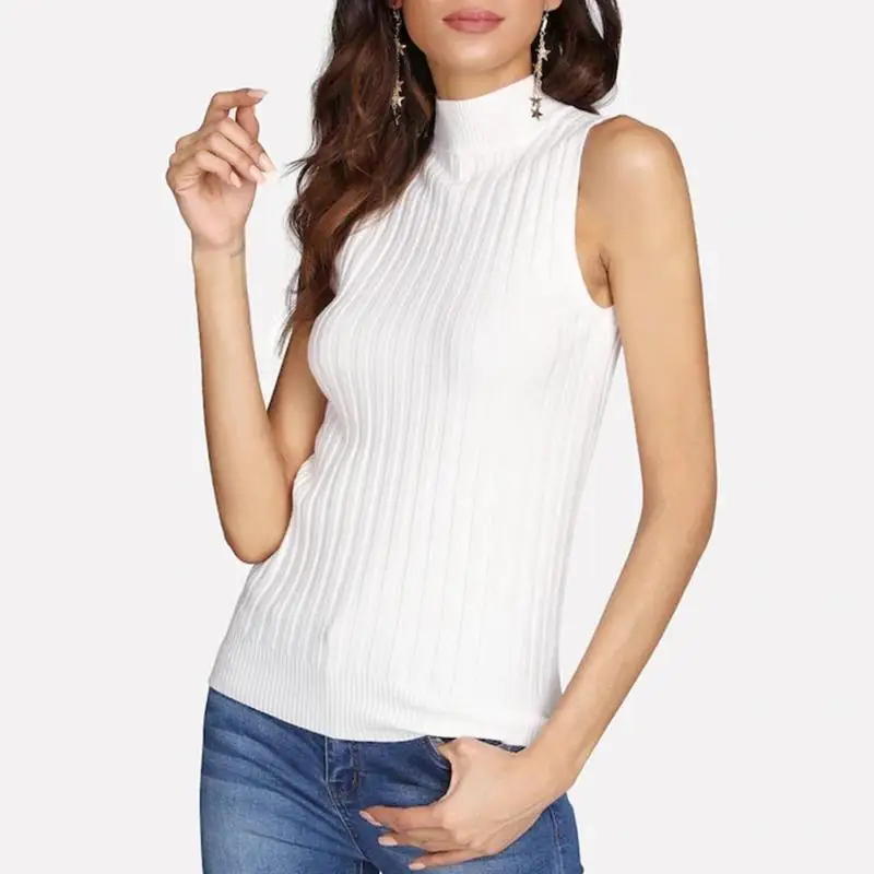 

Fashion Women Solid Color Sleeveless Slim Fit Ribbed Knitted Tops Sexy High Neck Pullovers Clothing Casual Tops