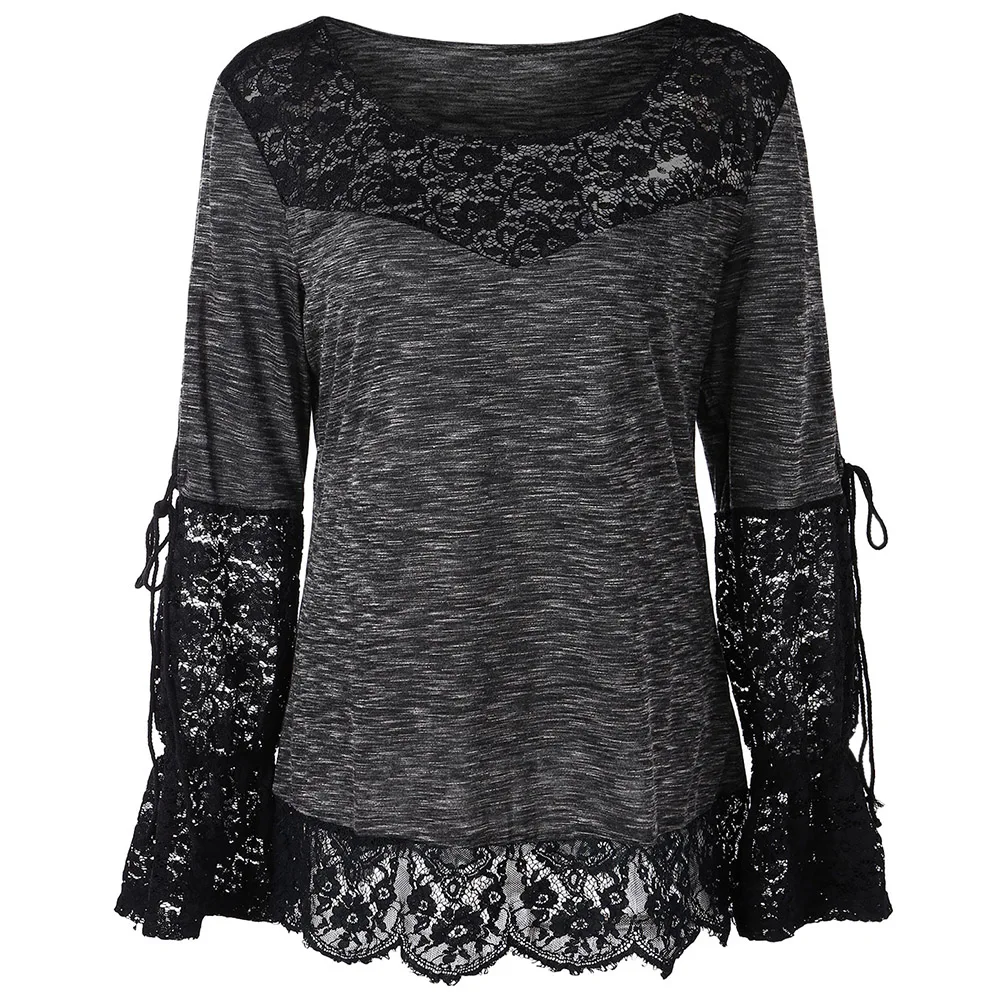 

Wipalo Fashion Women Plus Size Lace Panel Space Dye T-Shirt O Neck Long Sleeves Patchwork Marled Lace Hem Casual Tee Ladies Top