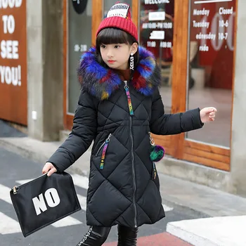 

Down Jacket Girl Winter Coat Winter Long Sleeved Color Fur Collar Ribbon Hand Plug of Cotton Long Jacket 2018 New Kids Children