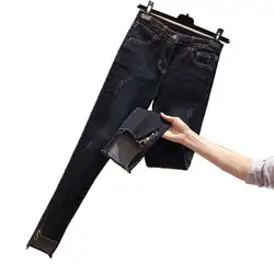 Новинка 2019 г. обтягивающие джинсы Для женщин Высокая Талия джинсовые брюки с дырками Повседневное штаны на молнии черные рваные, Стретч