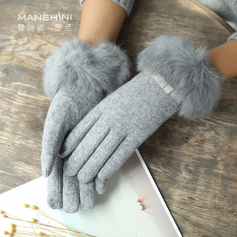 

Winter wool gloves woman winter rabbit fur velvet lining thick warm touch screen gloves student telefingers gloves 0821