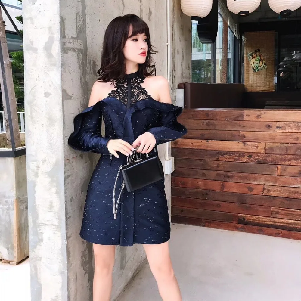 Auto Froid De Sexy Dentelle Mini Club Fête Night Portrait Longues Manches Cou Épaule Femmes Halter Robe Pour Automne Imprimé À 2019 Tenue rrgaqzxR