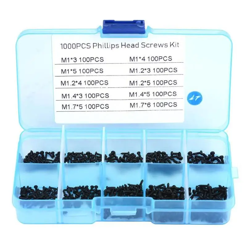 

1000pcs/box Black M1-M1.7 Stainless Steel Screws set Self-tapping Bolts Assortment for Eyeglasses Watch Repair