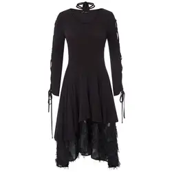 Черное женское готическое платье в викторианском стиле с длинными лентами, с кружевными рукавами и v-образным вырезом, весеннее