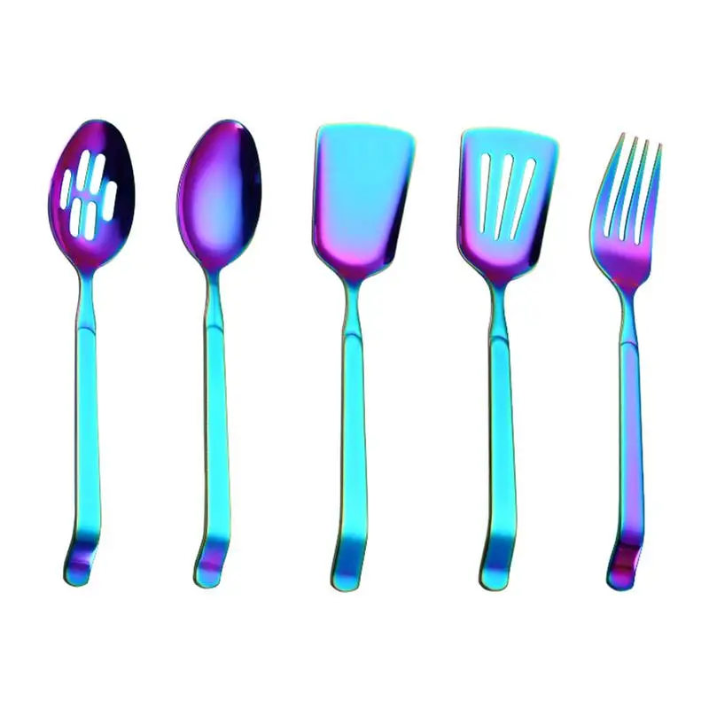 

Stainless Steel Kitchen Utensil Spoons Set Rainbow Color Kitchen Tools Gadgets Nonstick Colorful Titanium Plated Dinnerware Set