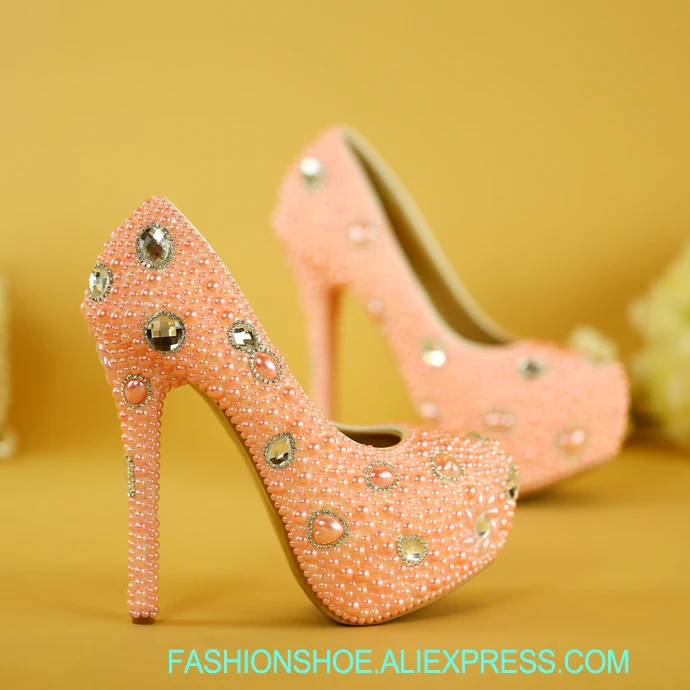 

Wedding shoes pink high heels bride shoes wedding dress bridesmaids shoes, pearl crystal shoes, water table, large size