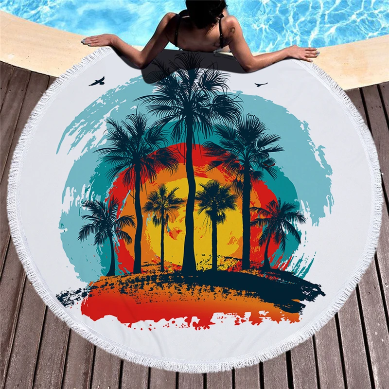 

Plants Microfiber Coconut Tree Printed Beach Towel For Adult Yoga Mat Tassel Blanket Large Round Towel 150cm Tapestry Home Decor