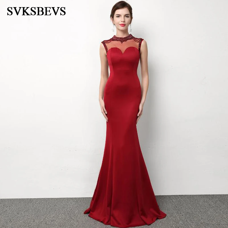 

SVKSBEVS 2019 Beading O Neck Crystal Mermaid Long Dresses Elegant Party Bodycon Illusion Zipper Backless Maxi Dress