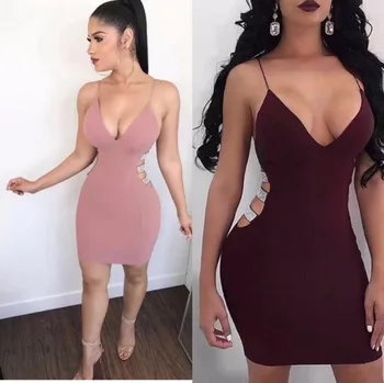 

Top Kwaliteit Roze Wijn Wit Zwart Mouwloze Side Hollow Out Sexy Rayon Bandage Dress Avond Party Dress