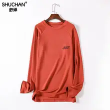 Shuchan Зима Осень плотная футболка для женщин хлопчатобумажные вышитые буквы женские рубашки мягкие удобные топы женские футболки 851