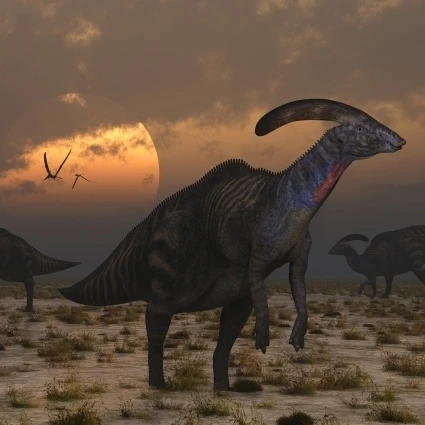 Стадо динозавров Parasaurolophus на постер с тематикой рассвета печати (21x9) | Дом и сад