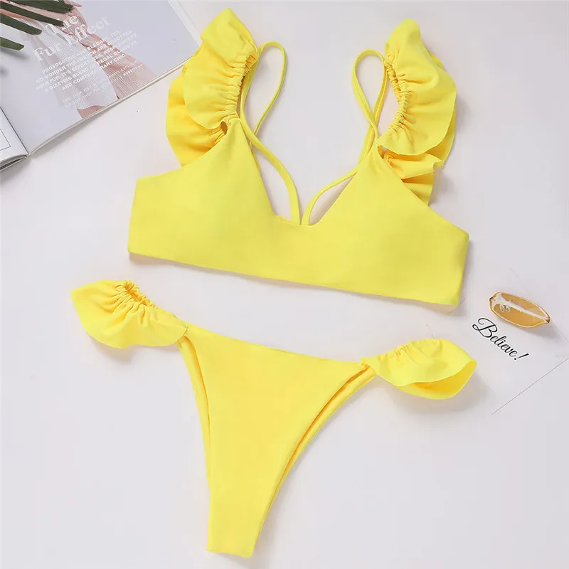 Women Ruffles swimsuit Bandeau push up Bikini Set High Cut Waist Ladies