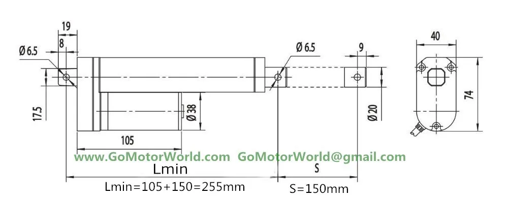 LA10 linear actuator 150mm drawing with logo