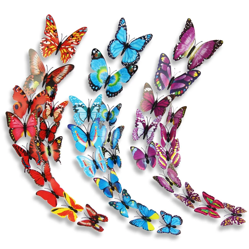 

12pcs PVC 3D Butterfly Wall Sticker Art Decals Decoration Room Double Layer Home Wedding Decor Butterflies Magnet Fridge