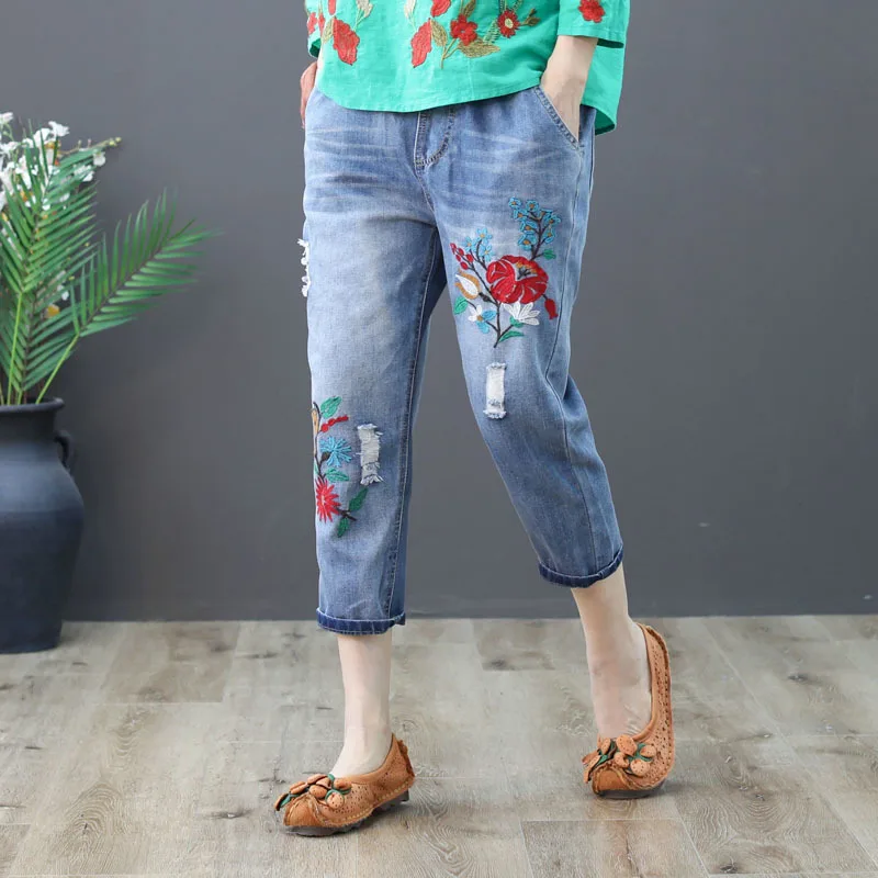 

Fashion High Waist Jeans Woman Spring Summer Vintage Washed Harem Denim Pants Boyfriend Jeans For Women Blue Calf-Length Pants