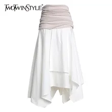 TWOTWINSTYLE, повседневная, хит, цветная, Лоскутная, Женская юбка, высокая талия, с рюшами, нерегулярные, миди юбки, Женская мода, летняя Новинка