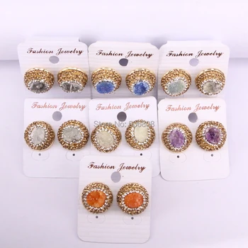 

6Pairs ZYZ319-1588 Nature Crystal Quartz stone 16mm Studs, Pave Rhinestone Beads Round Shaped Stud Earrings for Woman Jewelry