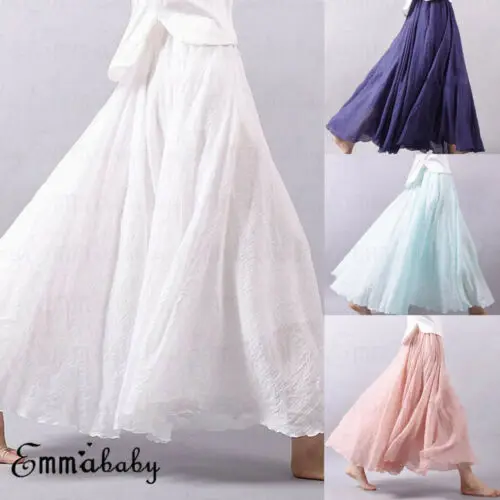 

2019 New Women Linen High Waist Maxi Skirt Skater Flared Pleated Casual Long Skirt