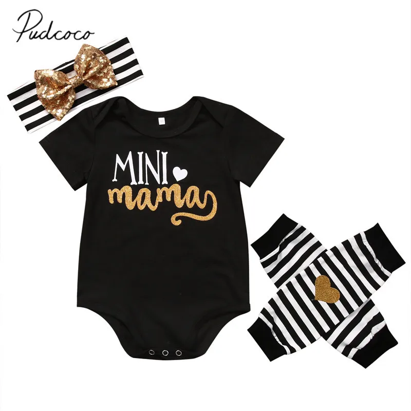 

2019 Brand New Newborn Infant Baby Girls 3Pcs Clothes 100% Cotton Letter Mini Mama Bodysuit+Legging Warmer +Headband Set 0-24M