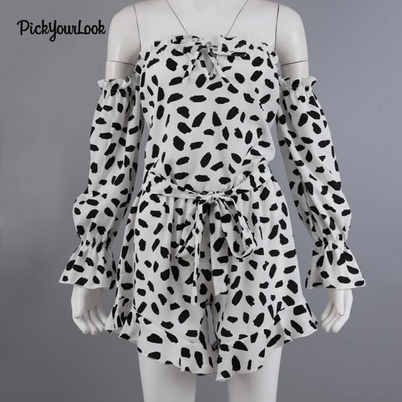 PickyourLook Print Leopard Jumpsuit Off Shoulder Playsuits Summer Rompers Womens Jumpsuits and Playsuits Ruffles Sexy Playsuit