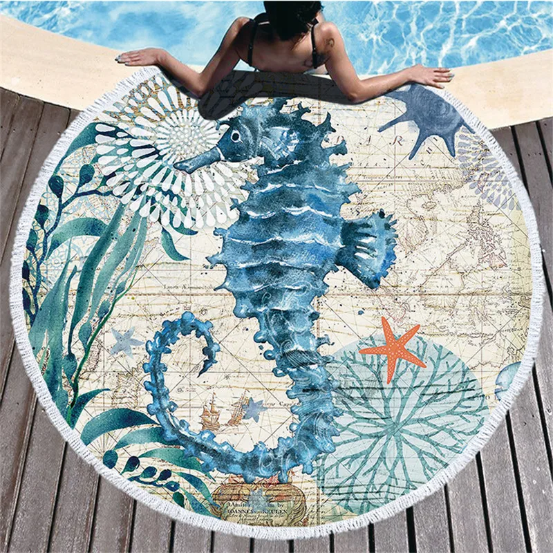 Ocean Turtle Tassel Round Bath Towel Beach Towel Microfibre Travel Compressed Shower Bathroom Towels Bath Towels for Adults