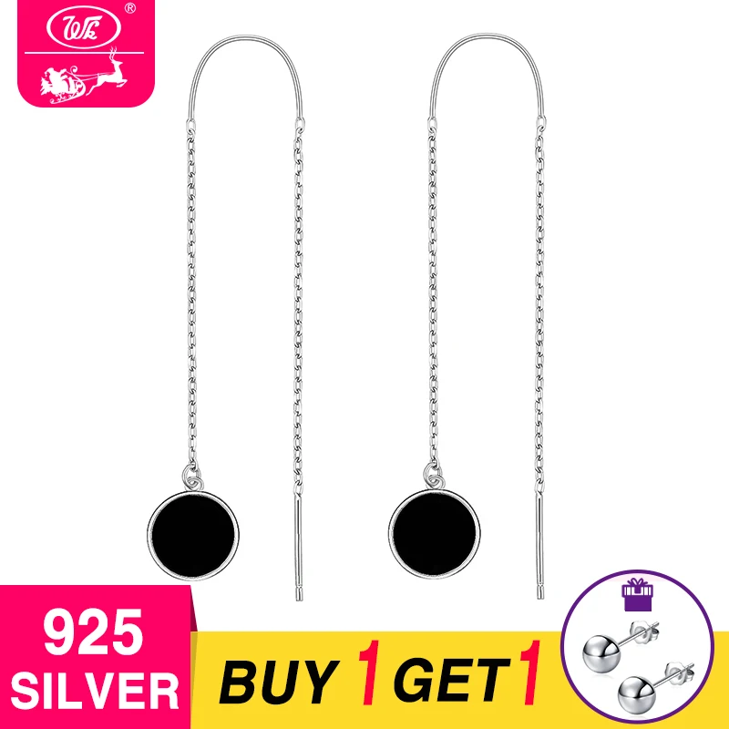 WK 925 Sterling Silver Long Black Round Drop Earrings For Women Girls Ladies Charm Ethnic Simple Earring Chain Wholesale EB015 | Украшения