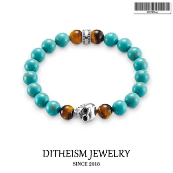 

Strand Bracelets with Skull and Blue Beads, 2018 New Blackened Silver Fashion Jewelry Punk Gift for Men Boy Women Girls