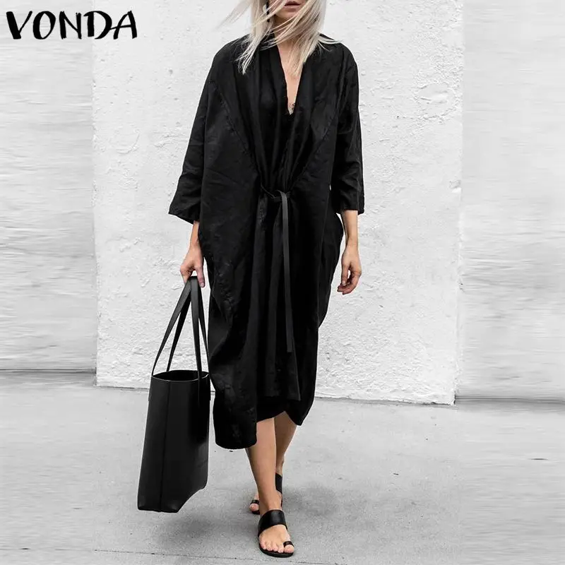 

VONDA Women Black Dress 2019 Sexy V-Neck 3/4 Sleeve Front Open Cardigan Dresses Casual Loose Solid Mid Calf Club Party Vestidos