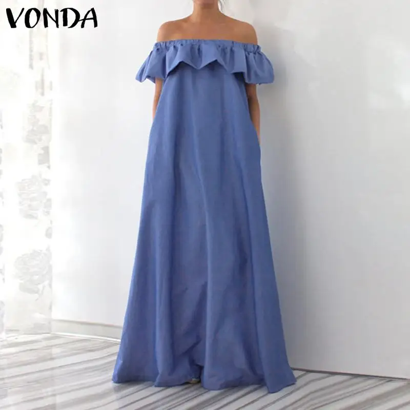 VONDA S-5XL النساء أكمام اللباس الصيف 2019 مثير قبالة الكتف كشكش ماكسي اللباس الصلبة الطابق طول Vestido زائد حجم